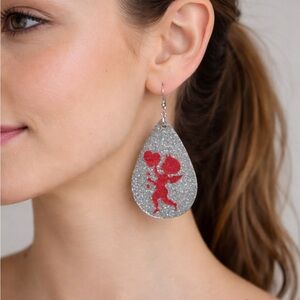 Cupid Faux Leather Teardrop Earrings Silver Glitter Red Cupid Dangle